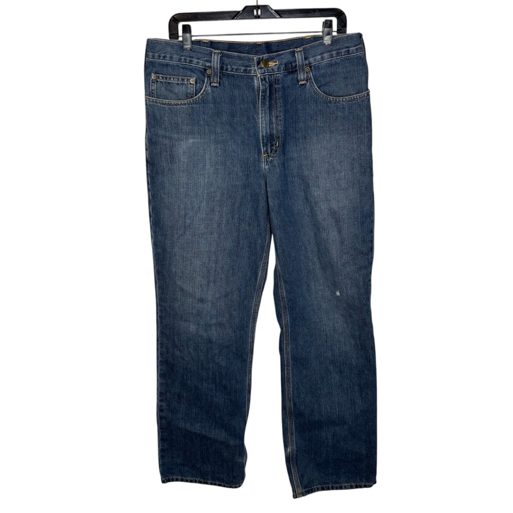Carhartt Jeans Men’s 34x32 Relaxed Fit Blue Denim Rugged Button Zipper 5 Pockets